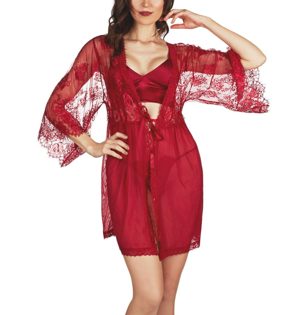 Women's LoveMoi LOV1350 Celine Robe, Bralette & Thong 3-Pc Set (Red M)