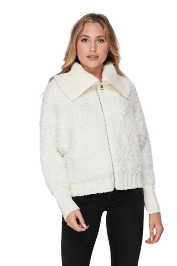 Women's Lovely High Neck Fur Full Zipper Closure Jacket, IVORY XL