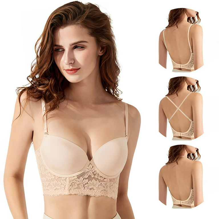 Women's Low Back Bra Sexy Push Up Comfort Seamless Lace Deep V