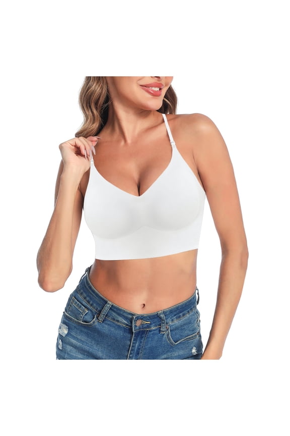 Women's Low Back Bra Wire U Shaped Backless Bra Convertible Spaghetti Strap Seamless Sleeping Bralette White M
