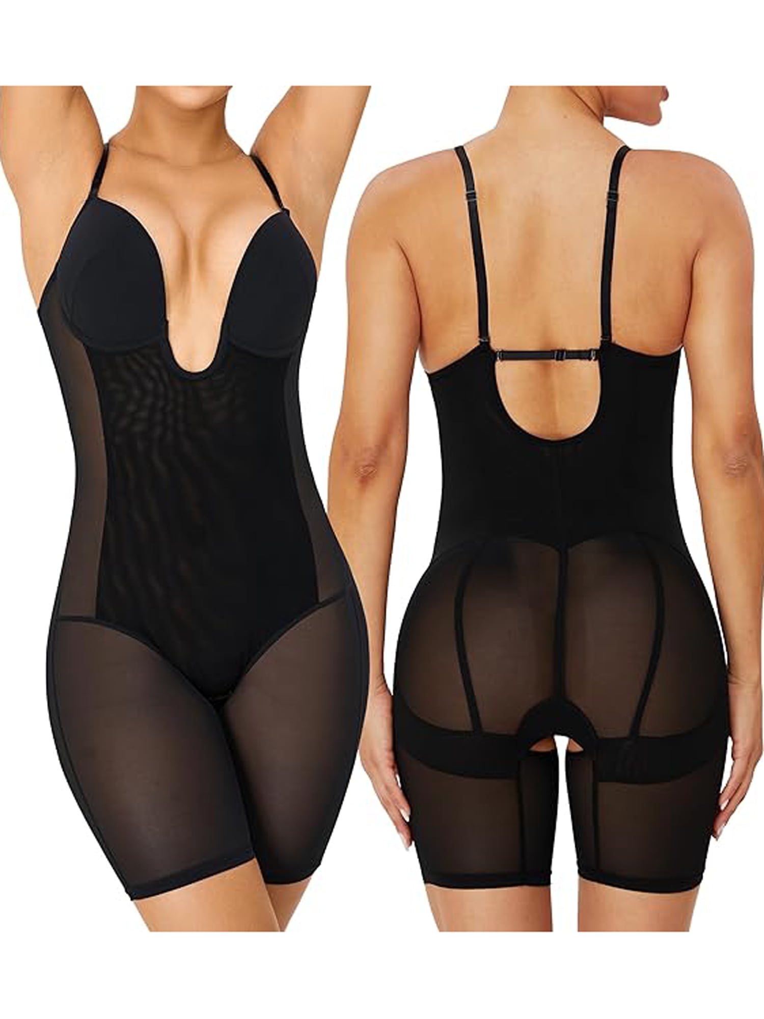 Women's Low Back Full Deep Plunge Strapless Bodysuit Mid Thigh Backless Shapewear Tummy Control