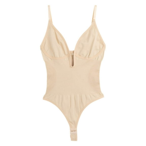 Women's Low Back Shapewear Deep V Neck Built-In Bra Low Cut Bodysuit Beige 3XL