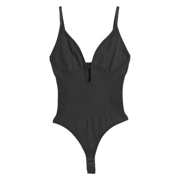 Women's Low Back Shapewear Deep V Neck Built-In Bra Low Cut Bodysuit Black 2XL