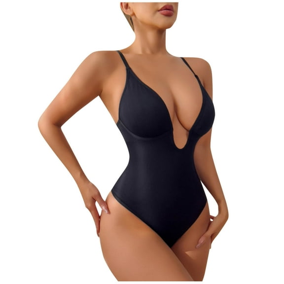 Women's Low Back Shapewear Deep V Neck Built-In Bra Low Cut Bodysuit Black M
