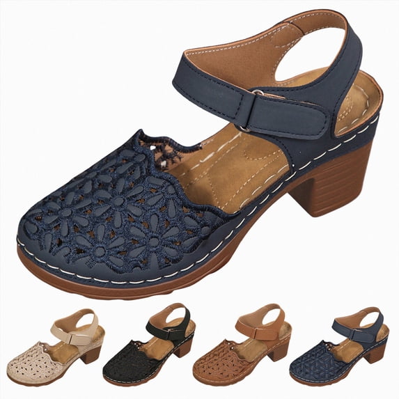 Women's Low Block Chunky Sandals Flowers Hollow out Comfortable Close Toe Ankle Strap Party Dress Pumps Strappy Buckle Heeled Shoes Beige Size 8.5
