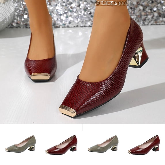 Women's Low Chunky Block Heel Pumps,Square Toe Dress Shoes | Comfortable Slip On Shoes for office Lady Shoe Wine