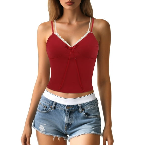 Women's Low Cut Layered Lace Tank Top - Bow Detail, Breathable Fabric, Casual Summer Tops for Jeans/Skirts (S-XL Sizes)