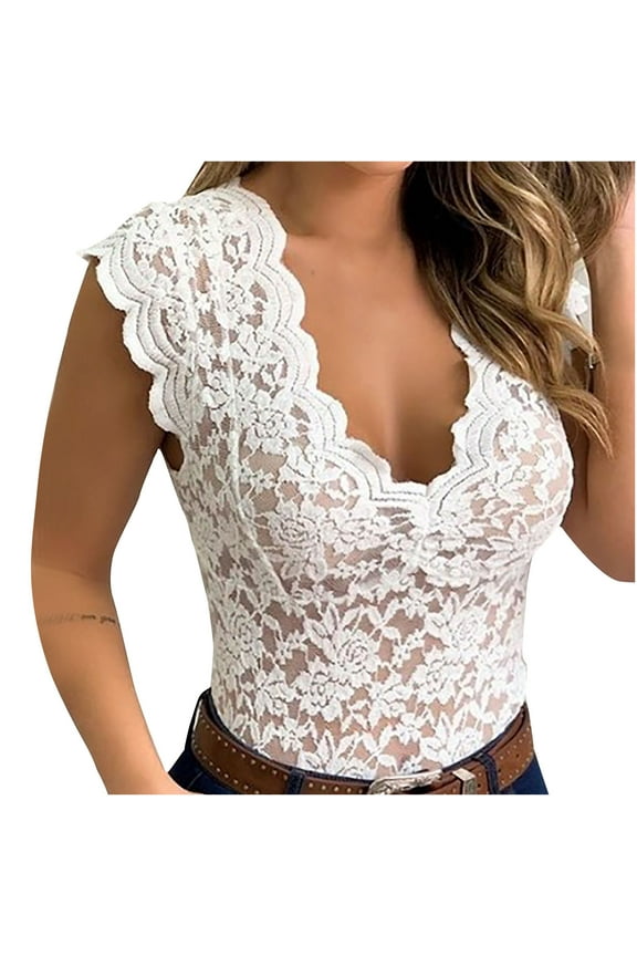 Women's Low Cut V Neck Sleeveless Lace Tank Tops Slim Fit Sheer Club Night Cami Tops Vest Corset Bodysuit Shirt