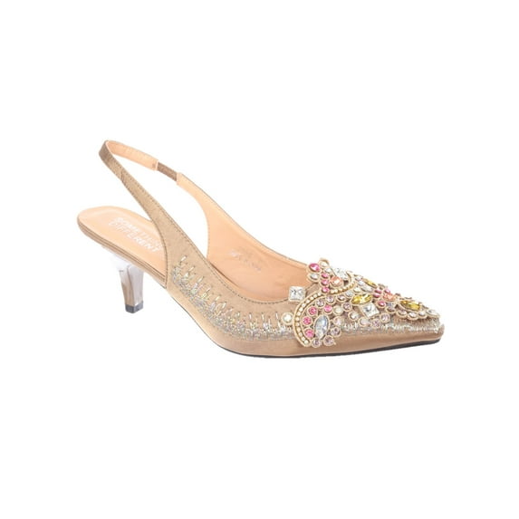 Women's Low Heel Closed Toe Slingback Pumps Rhinestone Comfortable Dress Shoes-Beige-12
