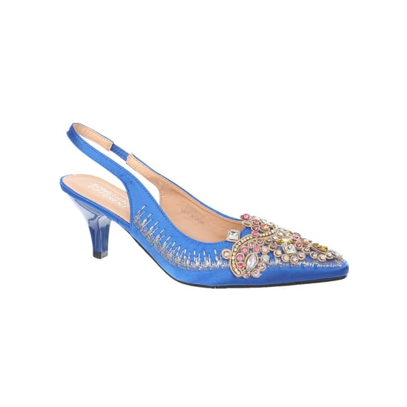 Women's Low Heel Closed Toe Slingback Pumps Rhinestone Comfortable Dress Shoes-Blue-8
