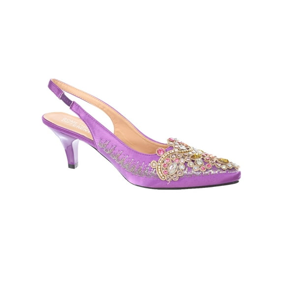 Women's Low Heel Closed Toe Slingback Pumps Rhinestone Comfortable Dress Shoes-Purple-9
