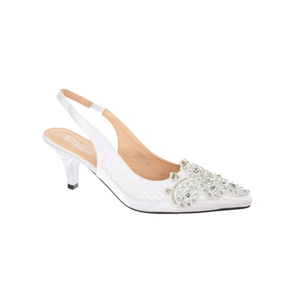 Women's Low Heel Closed Toe Slingback Pumps Rhinestone Comfortable Dress Shoes-White-9
