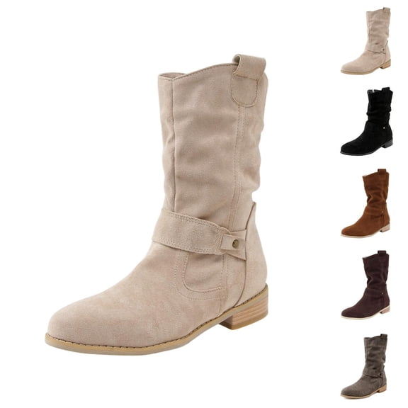 Women's Low Heel Cowboy Boots, Fashion Belt Buckle Knee High Design, Casual Fall and Winter Tall Boots