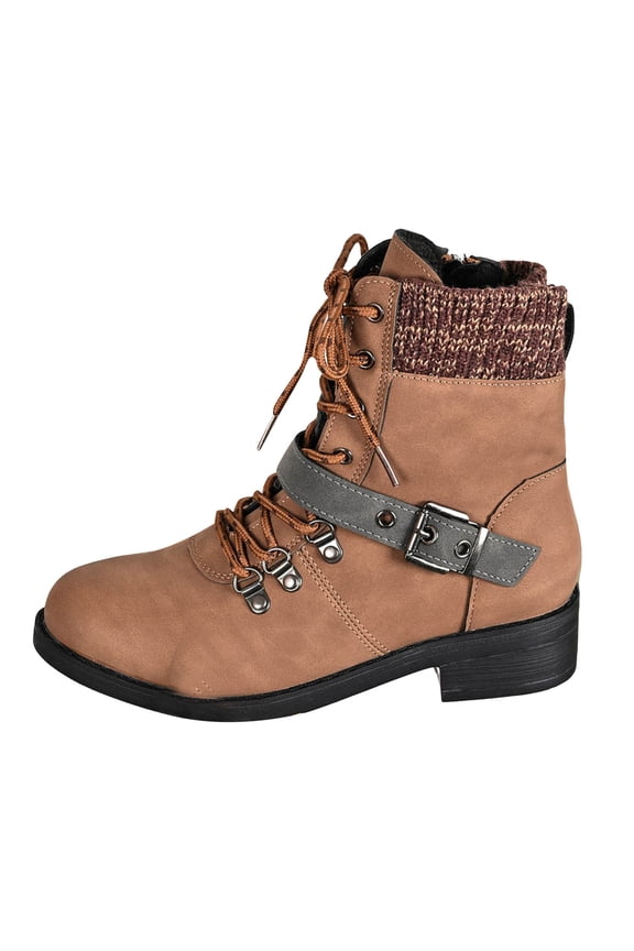 Women's Low Heel Mid Calf Boots Lace Up Knit Ankle Cuff Low Heel Combat Booties Wide Width Motocycle Boots Brown 8.5