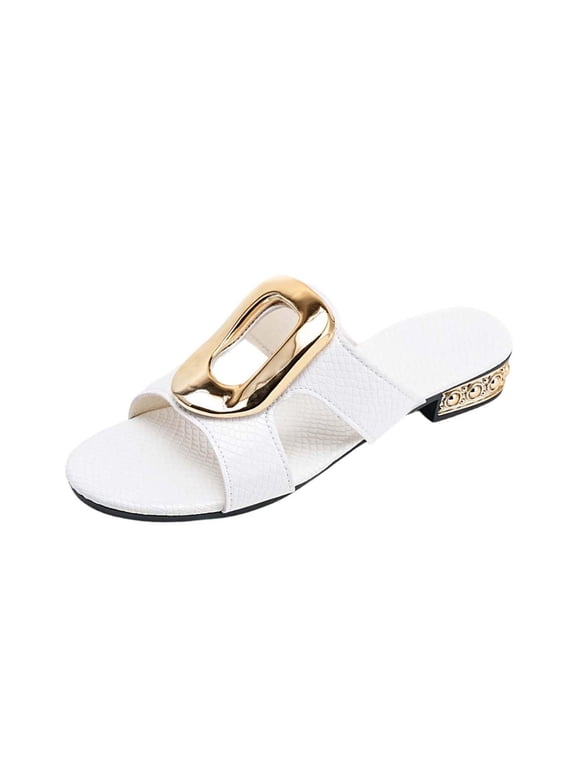 Women's Low Heel Slide Sandals with Gold Buckle Detail,Snake Embossed Open Toe Slip-On Mules,Summer Dressy Casual Flats Sandalias de Mujer for Vacation and Party