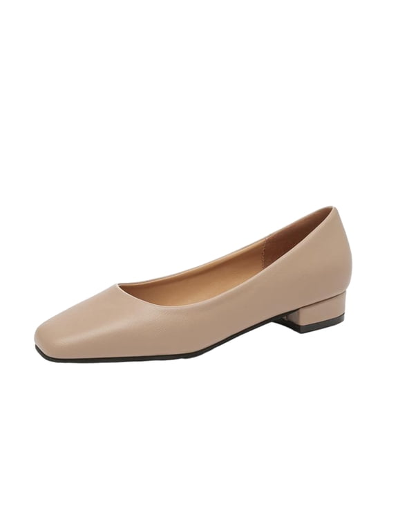 Women's Low Heel Square Toe Flats Comfortable Slip On Shoes PU Leather Block Heel Dress Shoes for Work Office Wedding Party Khaki 37