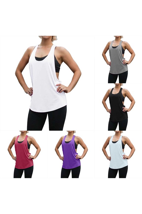 Women's Low Neck T Shaped Fitness Smock Loose Quick Drying Sweat Absorbing Sports Sleeveless Vest for Female Students