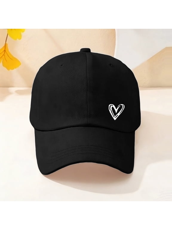 Women's Low Profile Baseball Cap with Heart Detail, Distressed Wash Adjustable Dad Hat, Cotton Unisex Casual Sun Hat for Daily Wear and Outdoor Activities Black