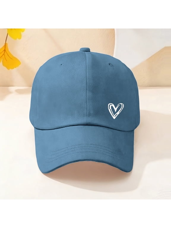 Women's Low Profile Baseball Cap with Heart Detail, Distressed Wash Adjustable Dad Hat, Cotton Unisex Casual Sun Hat for Daily Wear and Outdoor Activities Blue