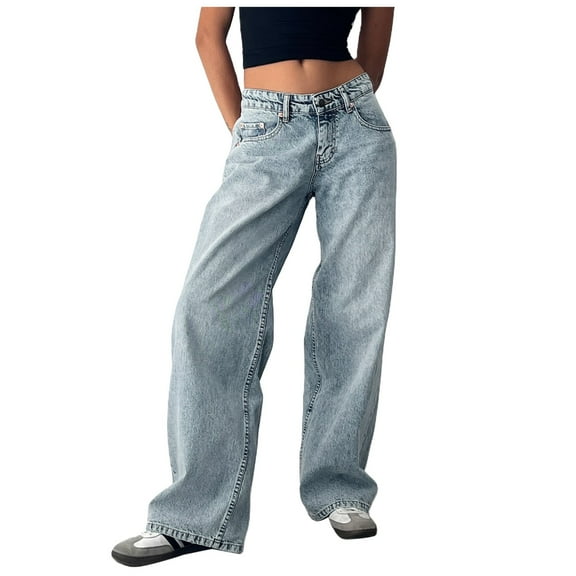Women's Low Rise Baggy Jeans - Loose Fit Boyfriend Straight Wide Leg Stretch Denim Pants