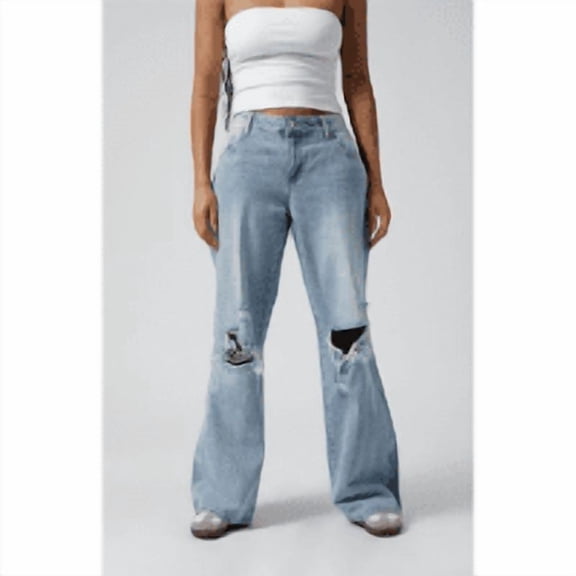 Women's Low Rise Baggy Jeans Ripped Knees Medium Indigo