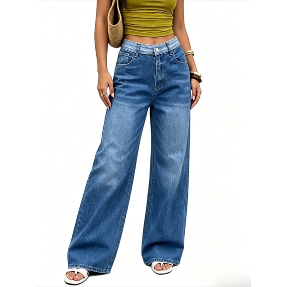 Women's Low Rise Baggy Wide Leg Jeans Vintage Washed Contrast Waistband Loose Fit for Casual Street
