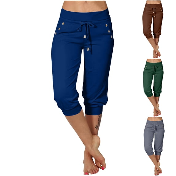 Women's Low Rise Capri Pants Drawstring Slim Fit Comfy Button Joggers Casual Summer Stretch Lightweight Cropped Pants