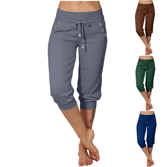 Women's Low Rise Capri Pants Drawstring Slim Fit Comfy Button Joggers Casual Summer Stretch Lightweight Cropped Pants