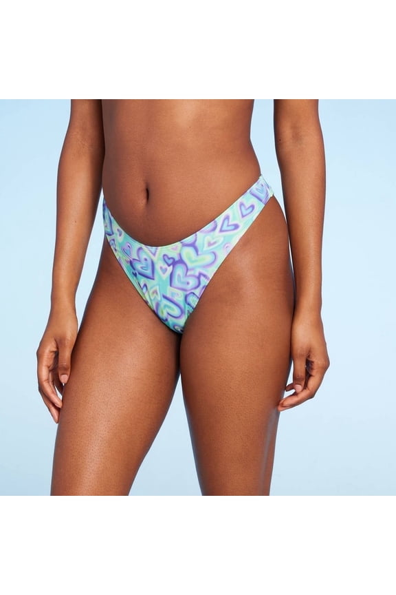 Women's Low-Rise Cheeky Ultra High Leg Bikini Bottom - Wild Fable Blue/Green Heart Print XXS