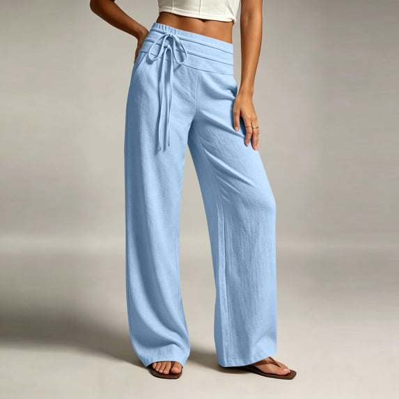 Women's Low Rise Cotton Linen Pants Casual Dressy Wide Leg Tie Pants Solid Color Boho Slacks with Pockets Sky Blue M