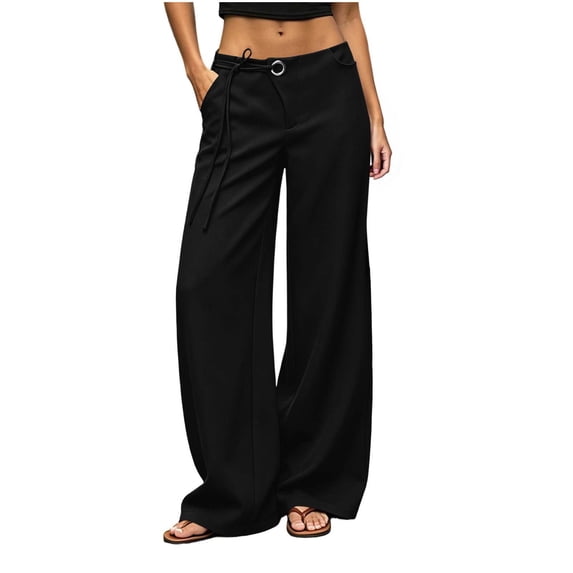 Women's Low Rise Drawstring Wide Leg Dress Pants Metal Ring Detail Loose Palazzo Trousers with Pockets Fall Elegant office Casual Pants Black