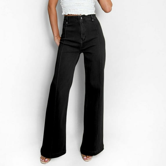 Women's Low Rise Flare Jeans, Baggy Wide Leg Stretch Denim Pants, Relaxed Bootcut Casual Jeans for Everyday Wear, Retro Style and Comfortable Outfits Black S
