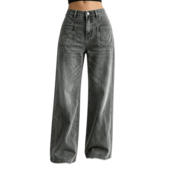 Women's Low Rise Flare Jeans Washed Gray Denim Pants with Front Pockets