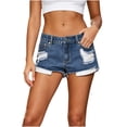 thumbnail image 1 of Women's Low Rise Ripped Denim Shorts Distressed Frayed Hem Jean Hot Pants Vintage Y2K Casual Jean Shorts with Pockets for Streetwear Dark Blue, 1 of 8