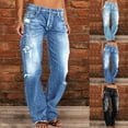 thumbnail image 1 of Women's Low Rise Straight Leg Jeans with Distressed Hem Detail Classic Denim Pants for Casual Everyday Style, 1 of 5