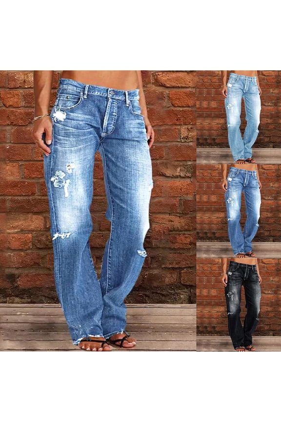 Women's Low Rise Straight Leg Jeans with Distressed Hem Detail Classic Denim Pants for Casual Everyday Style