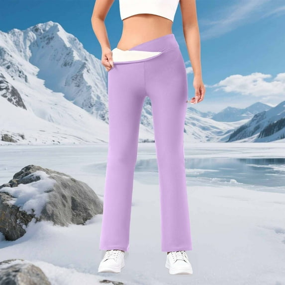 Women's Low Rise Straight Leg Thermal Pants, Fleece Lined Casual Lounge Pants, Solid Color Comfortable Pants for Winter, Loungewear, Everyday Wear and Outdoor Activities Purple XL