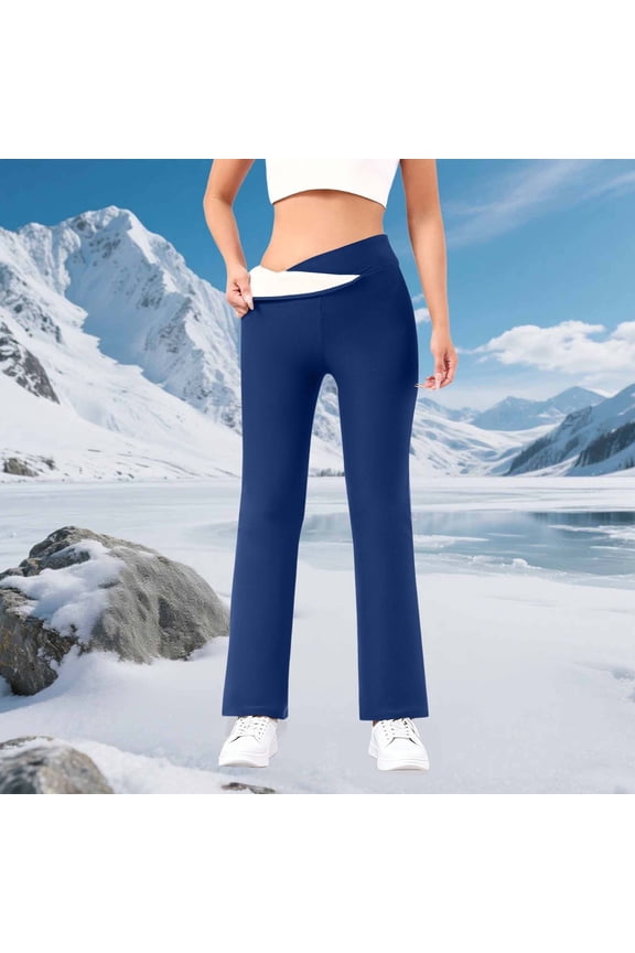 Women's Low Rise Straight Leg Thermal Pants, Fleece Lined Casual Lounge Pants, Solid Color Comfortable Pants for Winter, Loungewear, Everyday Wear and Outdoor Activities Blue S
