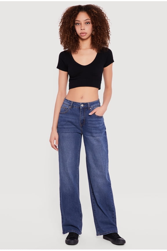 Women's Low Rise Whiskered Wide Leg Jeans