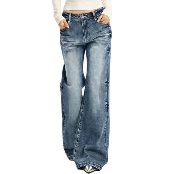 Women's Low Rise Wide Leg Flare Jeans Retro Loose Straight Baggy Floor-Length Denim Pants