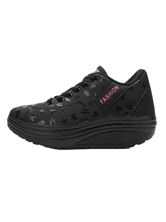 Women's Low Top Casual Walking Platform Wedge Sneakers Stylish Lightweight Sport Shoes Slip on Fashion Comfortable Running Shoes Black Women Sandal