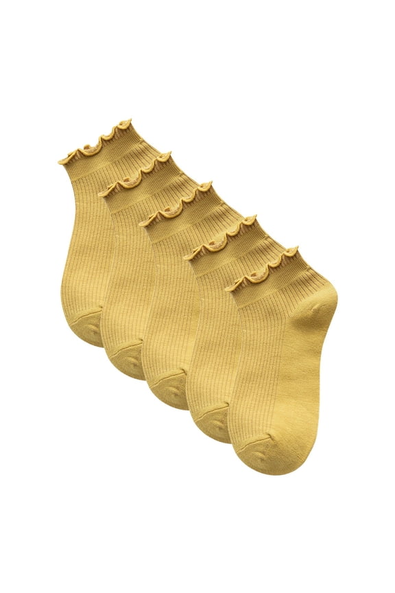 Women's Low Top Japanese Boat Solid Color Five-Pair Pack with Decorative Wooden Ear Trim Design Athletic Running Socks