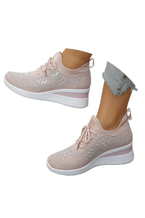 Women's Glitter Rhinestone Sneakers Platform Wedge Heel Fashion Casual Slip on Walking Shoes