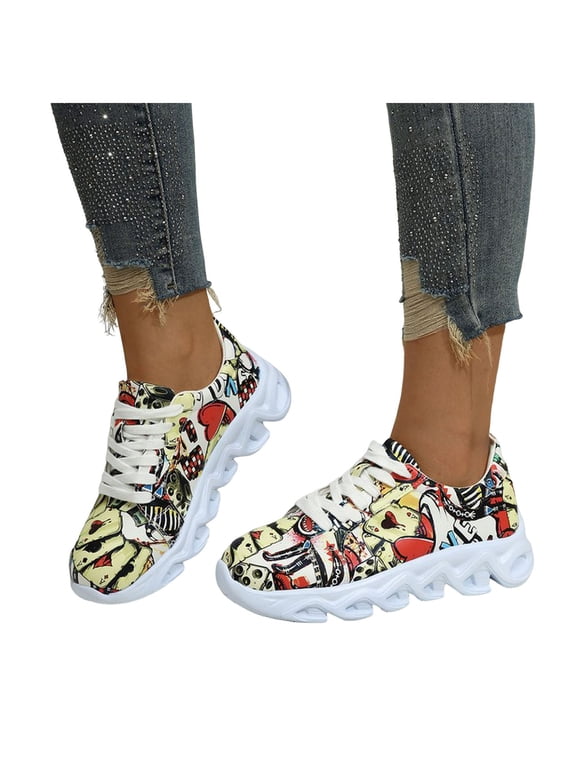 Women's Low Top Runing Shoes 2026 Fashion Street Doodle Print Lace up Cushioned Platform Walking Athletic Sneakers