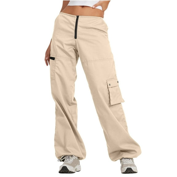 Women's Low Waist Baggy Cargo Pants Zip Loose Straight Leg Hippie Punk Jogger Drawstring Trousers