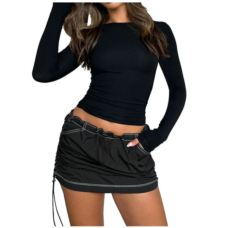 Women s Low Waist Drawstring Cargo Mini Skirt Y2K 90s E Girl Short Grunge with Pockets Trendy Summer Streetwear Black XXL