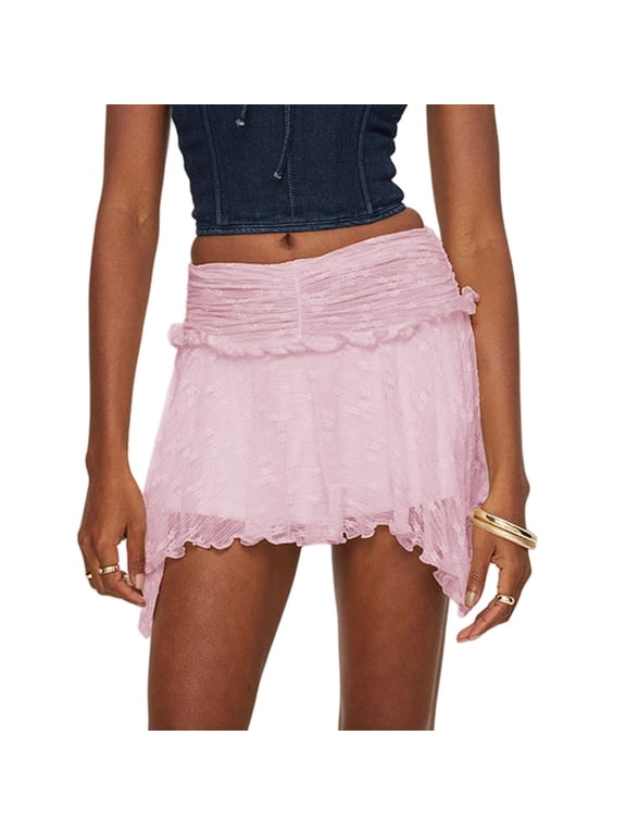 Women's Low Waist Lace Mini Skirt Ruffled Tiered Pleated Flowy Skirt - Polyester, S-L