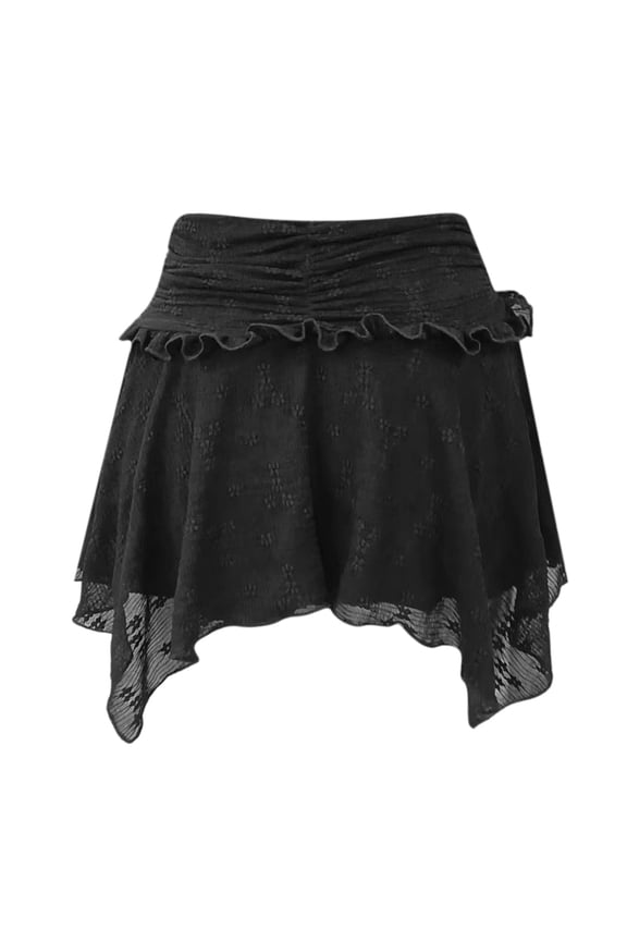 Women's Low Waist Lace Mini Skirt Ruffled Tiered Pleated Flowy Skirt - Polyester, S-L