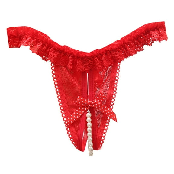 Women's Low Waist Open Crotch Lace Underwear - Pearl Massage Thong - One Size Fits Most