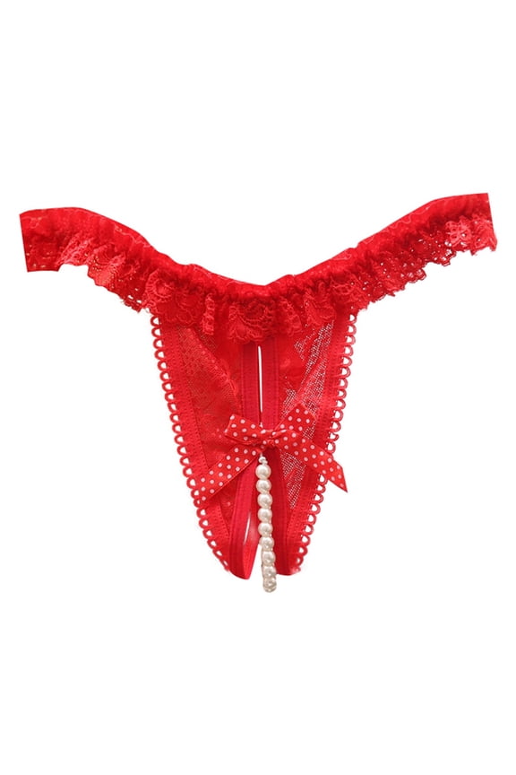 Women's Low Waist Open Crotch Lace Underwear - Pearl Massage Thong - One Size Fits Most